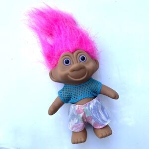 TNT 1991 Vintage Troll Doll Pink Hair, Lavender Eyes,‎ Mesh Net Shirt 90s Style